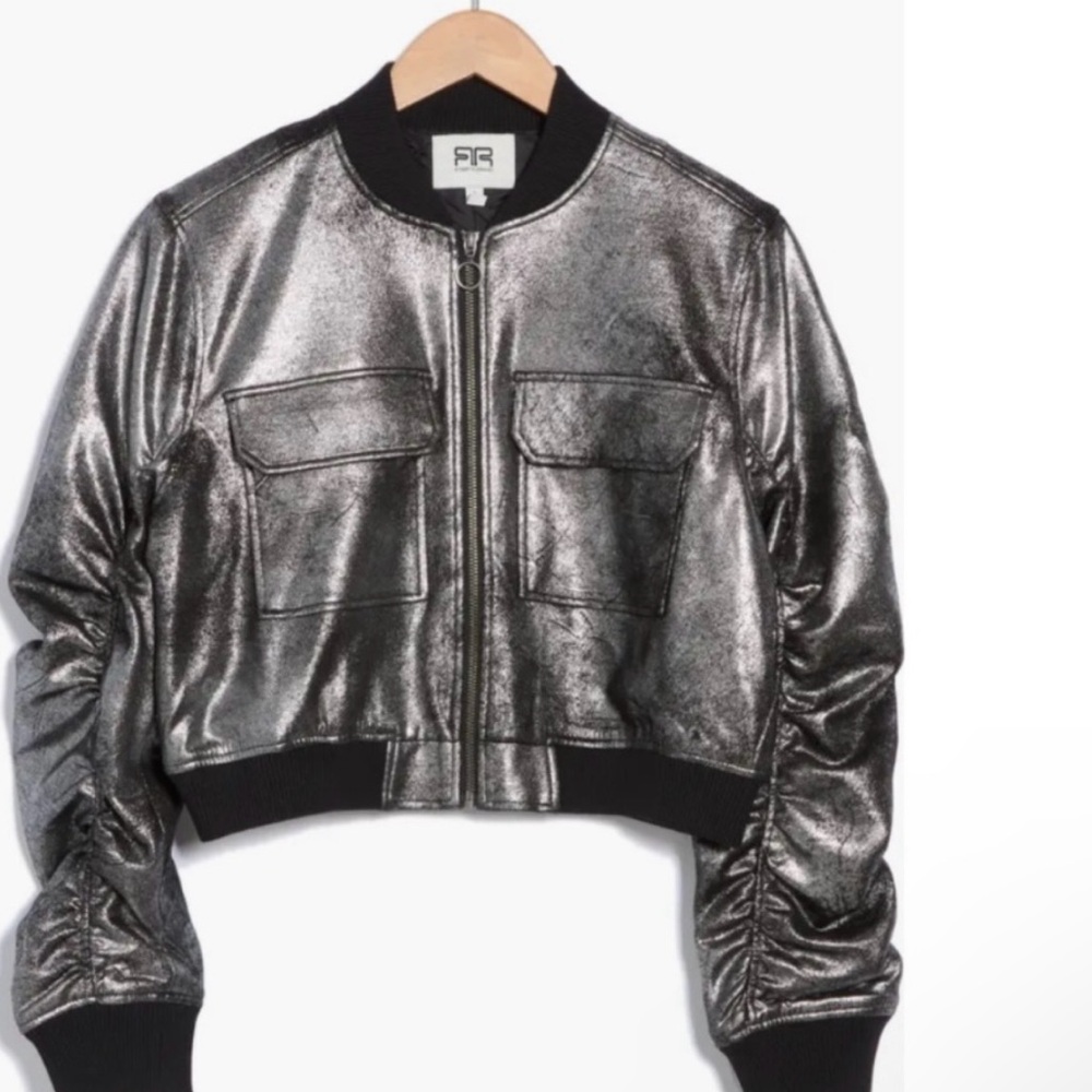 Metallic Silver Leather Bomber Jacket with Ribbed Collar